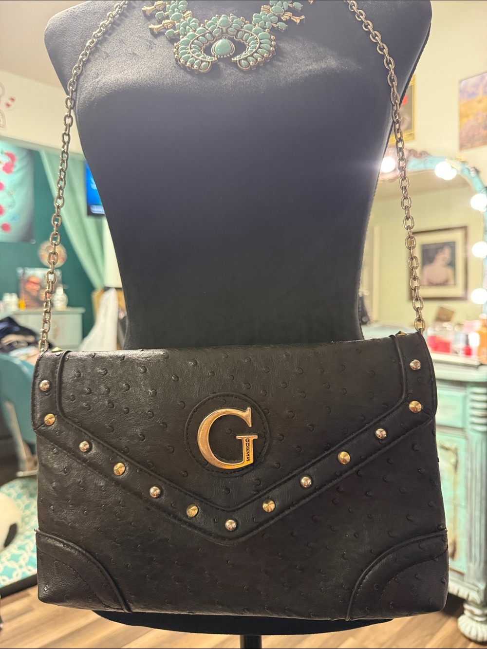 G Logo Black Studded Crossbody Shoulder Bag